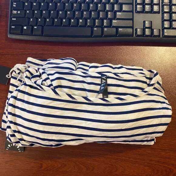 Yala Jaclyn Wide Sleeve Boatneck Bamboo Top Navy Newport Stripe - Picture 2 of 3